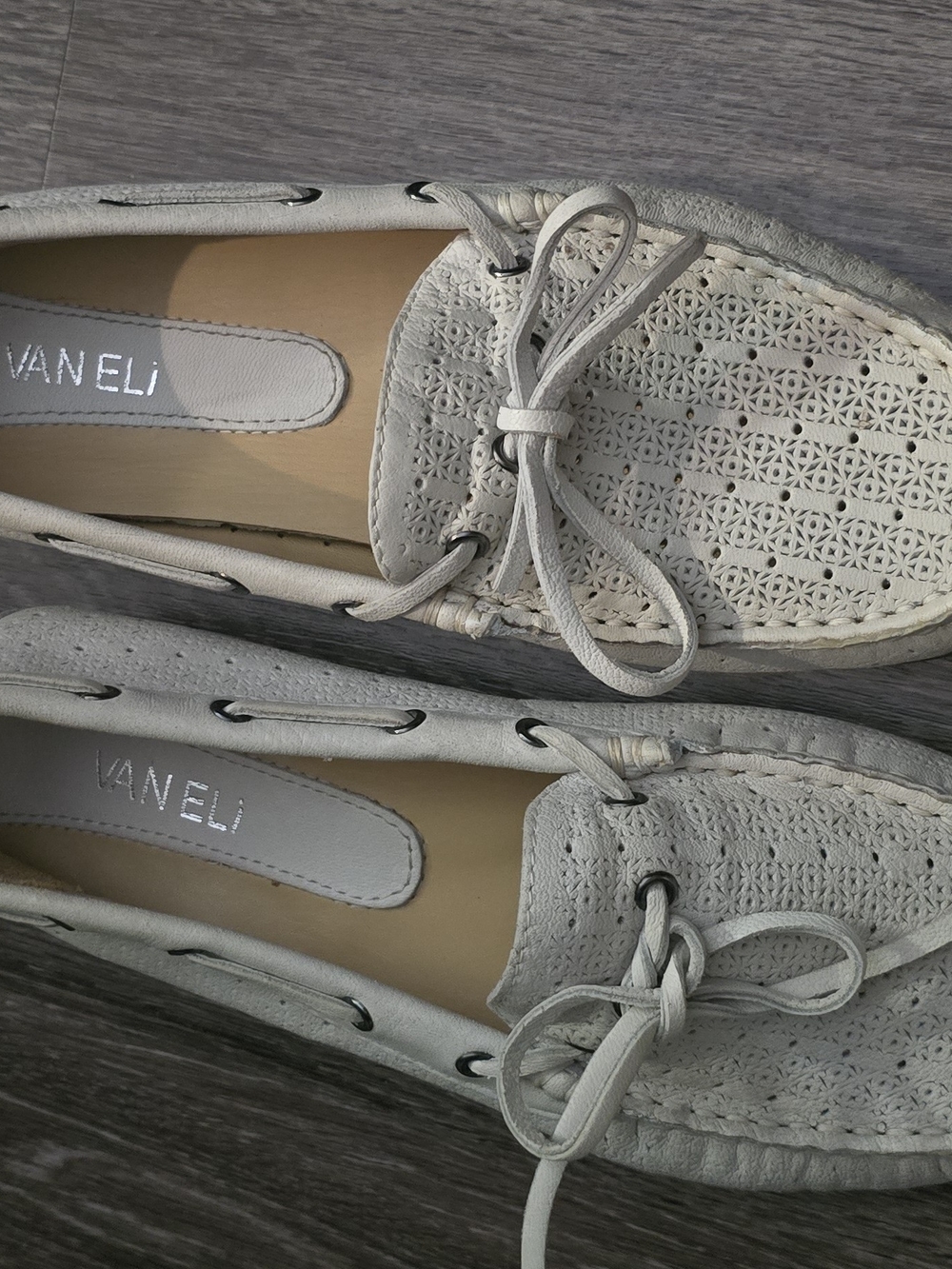 Vaneli Perforated Leather Bow Loafers in Light Gray